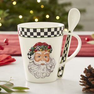 Spode Black and White Porcelain Christmas Tree Mug and Spoon Set New in Box